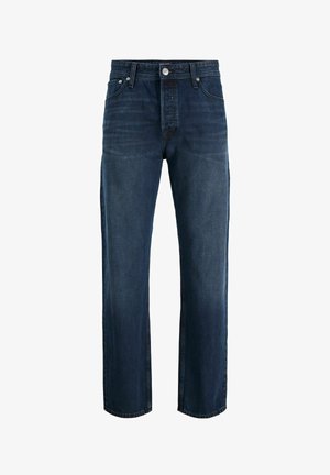 Jean droit bleu foncé avec bouton et poches devant, coutures visibles, sur fond blanc.