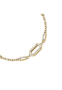 Guldkedja armband med rektangulära länkar, utsmyckad med klara kristaller i en inramad design, med en slät metallyta.