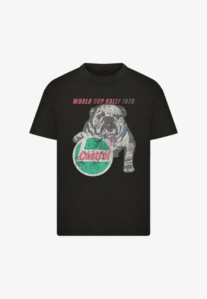 Schwarzes Baumwoll-T-Shirt mit einem Grafikmotiv eines Bulldogs mit blauem Halsband, der ein grünes und rotes Castrol-Logo hält, und dem Text "World Cup Rally 1970."