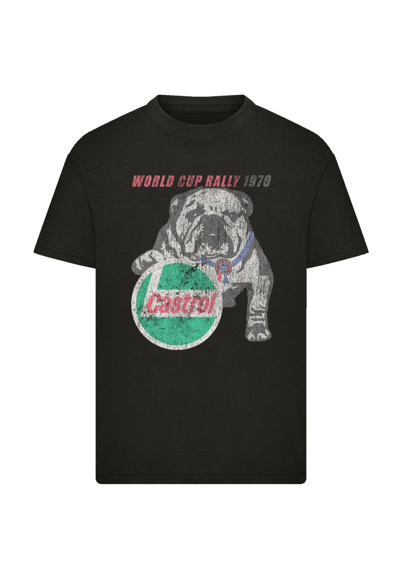 Schwarzes Baumwoll-T-Shirt mit einem Grafikmotiv eines Bulldogs mit blauem Halsband, der ein grünes und rotes Castrol-Logo hält, und dem Text "World Cup Rally 1970."