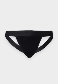 String noir en tissu doux, avec une taille étroite et des côtés en cordon, conçu avec une couverture minimale et une finition lisse.