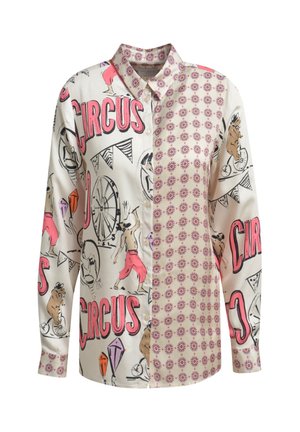Long-sleeve button-up shirt with circus-themed illustrations and pink patterned half on right side and cuffs.