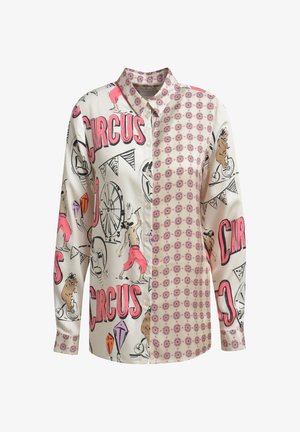 Langärmliges Hemd mit Knopfleiste, Zirkus-Motiven und halbseitig auf der rechten Seite sowie an den Manschetten mit einem rosa Muster versehen.