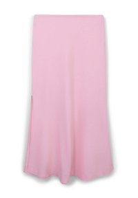 Rosa Rock aus glattem Stoff, mit einem seitlichen Schlitz und einem fließenden Design, geradem Saum und minimalen Nähdetails.