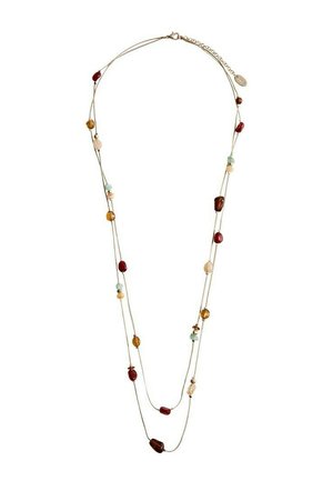 Colier delicat cu dublu șanț din lanț de aur și mărgele lustruite din piatră multicoloră în tonuri de chihlimbar, roșu, verde și bej.