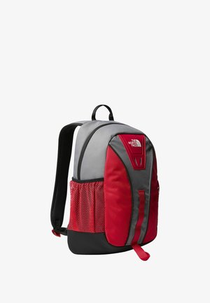 Red and gray fabric backpack featuring a mesh side pocket, adjustable straps, a top handle, and a logo on the front. Textured design.