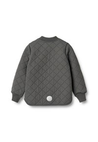 Tikkitakki harmaassa värissä, jossa pyöreä logo takana, resorikaulus ja kalvosimet. Sileä pinta timanttikuviolla.