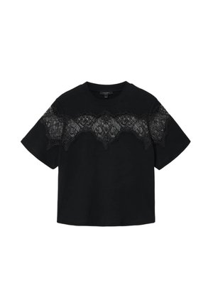 Czarna bluzka z krótkim rękawem z misternym poziomym panelem koronkowym na wysokości klatki piersiowej i rękawów, z okrągłym dekoltem.