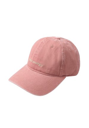 Cappellino da baseball rosa chiaro in cotone con visiera curva e piccola scritta ricamata "good energy" sul pannello anteriore sinistro.