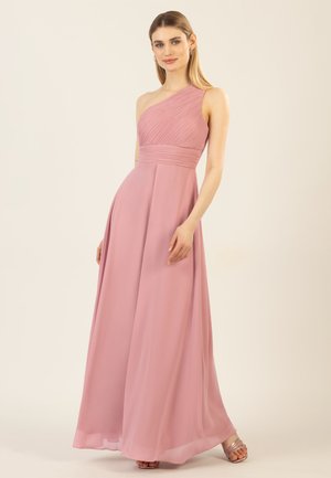 Ein-Shoulder pinkes Chiffonkleid mit gefälteltem Oberteil und fließendem Rock. Verfügt über eine taillierte Taille und einen leichten Glanz auf dem Stoff.