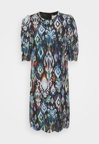 Robe noire mi-longue avec manches courtes bouffantes, présentant des motifs géométriques et floraux abstraits et colorés en bleu, violet, orange et vert.