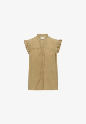 Korte mouw, lichtbruine blouse met een gerimpelde halslijn, gestructureerde stof, knoopdetail aan de voorkant en een losse pasvorm.