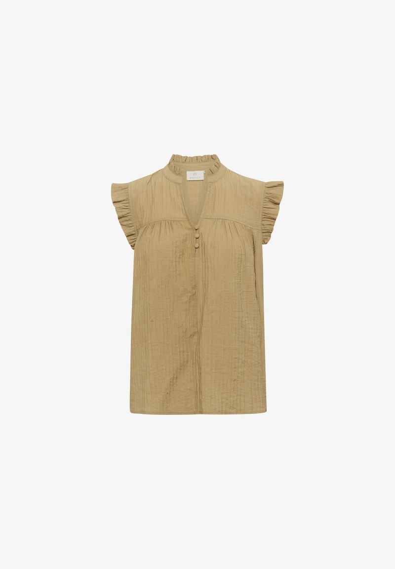 Blouse à manches courtes, de couleur marron clair, avec un col à volants, un tissu texturé, un détail de bouton à l'avant et une coupe ample.