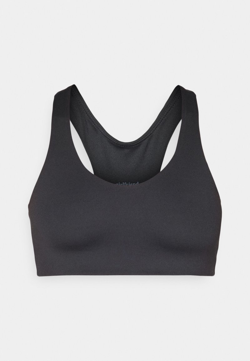 Schwarzer Sport-BH aus glattem, dehnbarem Stoff. Racerback-Design und breite Träger für Unterstützung. Keine sichtbaren Nähte oder Verzierungen.
