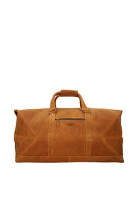 Tan leather duffle bag with dual handles, a front zipper pocket, and stitched seams. Smooth texture with a slight sheen. Simple design.