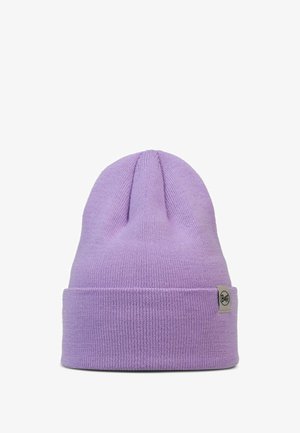 Purple knitted beanie hat with a ribbed cuff, featuring a small gray fabric label with the "Buff" logo. Soft texture and simple design.