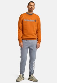 Felpa arancione con logo "Timberland", abbinata a joggers grigi chiari con branding laterale. Scarpe sportive con una suola textured.