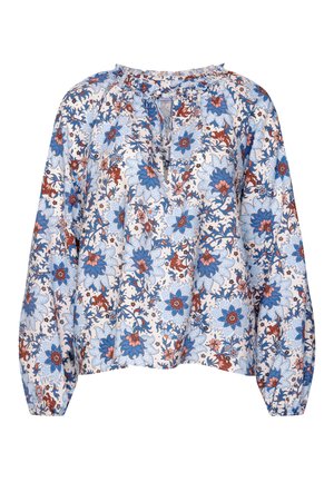 Blomsterbluse med blå, rød og hvide mønstre. Har en nøglehulsudskæring og samlede manchetter. Fremstillet af letvægtsstof.