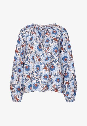 Blouse florale avec des motifs bleu, rouge et blanc. Présente un décolleté en forme de clé et des poignets froncés. Fabriquée en tissu léger.