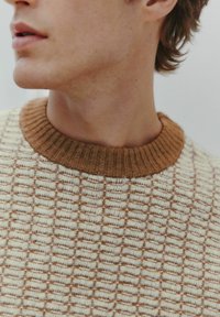 Cream knitted sweater with a textured grid pattern and brown ribbed neckline. Close-up view of collar and upper chest area.