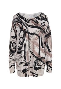 Lockere Pullover aus leichtem Beige mit abstrakten schwarzen und braunen Mustern. Verfügt über einen weiten Ausschnitt und lange Ärmel.