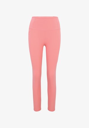 Růžové sportovní legíny vyrobené z elastického materiálu. Vysoký pas, bezešvý design a hladká textura poskytují pohodlí a volnost pohybu.