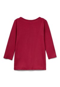 Einfarbiges, langärmeliges T-Shirt mit Rundhalsausschnitt in Dunkelrot, von hinten auf weißem Hintergrund gezeigt.