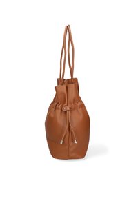 Borsa in pelle marrone con cordino e due lunghe cinghie, dotata di una parte superiore arricciata e una texture liscia. Dettagli in argento vicino al cordino.