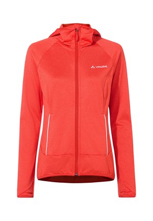 Rote Kapuzenjacke mit durchgehendem Reißverschluss, langen Ärmeln, zwei vorderen Reißverschlusstaschen mit weißer Einfassung und Vaude-Logo auf der Brust.