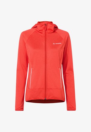 Rote Kapuzenjacke mit durchgehendem Reißverschluss, langen Ärmeln, zwei vorderen Reißverschlusstaschen mit weißer Einfassung und Vaude-Logo auf der Brust.