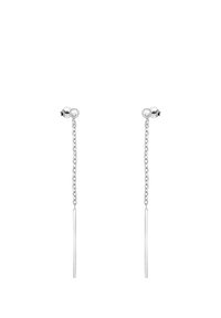 Silvriga örhängen med en kulstuds, kedjehäng och en förlängd stav, som visar en minimalistisk design och en slät yta.