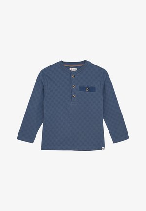 Long-sleeve blue textured shirt with three buttons and a single buttoned pocket on the left chest.