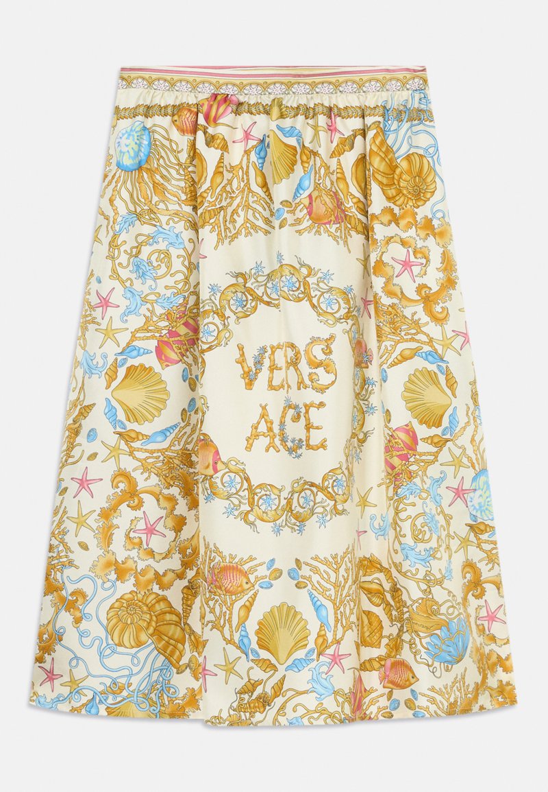 Krémová sukňa s vzormi námornej témy v zlatej, modrej a ružovej farbe. Nápis "VERSACE" je umiestnený v strede a sukňa má na gume volánkový pás.