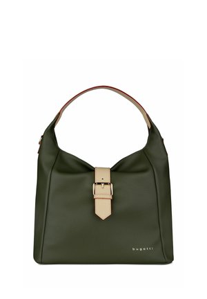 Dunkelgrüne Lederhandtasche mit einem beigen Schnallenriemen vorne und einem Einzelgriff, beschriftet mit "bugatti" in weißem Text.