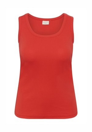 Rode mouwloze geribbelde tanktop met ronde halslijn en merkembleem aan de binnenkant van de kraag op een witte achtergrond.