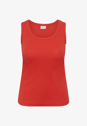 Rode mouwloze geribbelde tanktop met ronde halslijn en merkembleem aan de binnenkant van de kraag op een witte achtergrond.