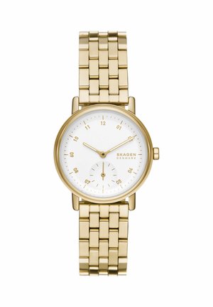 Złocony zegarek Skagen na nadgarstek z białą tarczą, minimalistycznymi indeksami godzin, dwiema wskazówkami, małą podtarczą sekundową oraz metalową bransoletą.