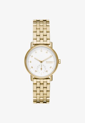 Orologio da polso Skagen tono oro con quadrante bianco, indici orari minimalisti, due lancette, piccolo quadrante dei secondi e cinturino in metallo a maglie.