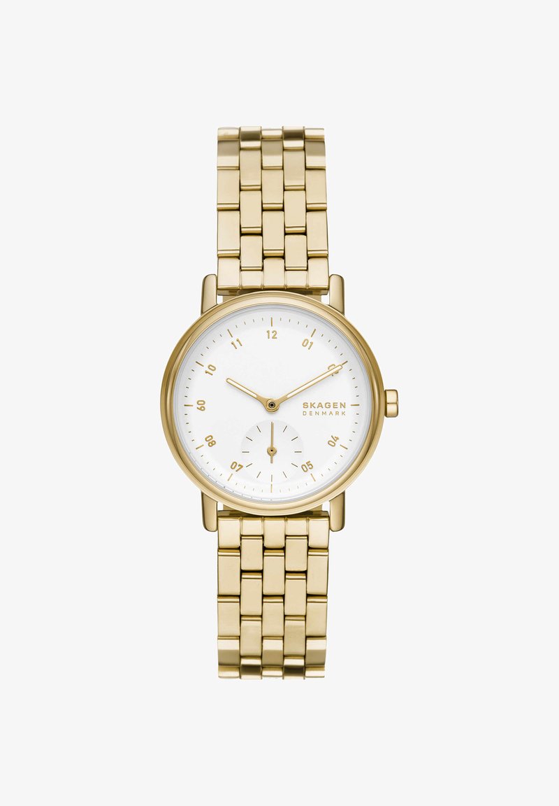 Kultavärinen Skagen-rannekello, jossa valkoinen kellotaulu, minimalistiset tuntimerkinnät, kaksi viisaria, pieni sekuntiviisarin alataulu ja linkitetty metalliranneke.