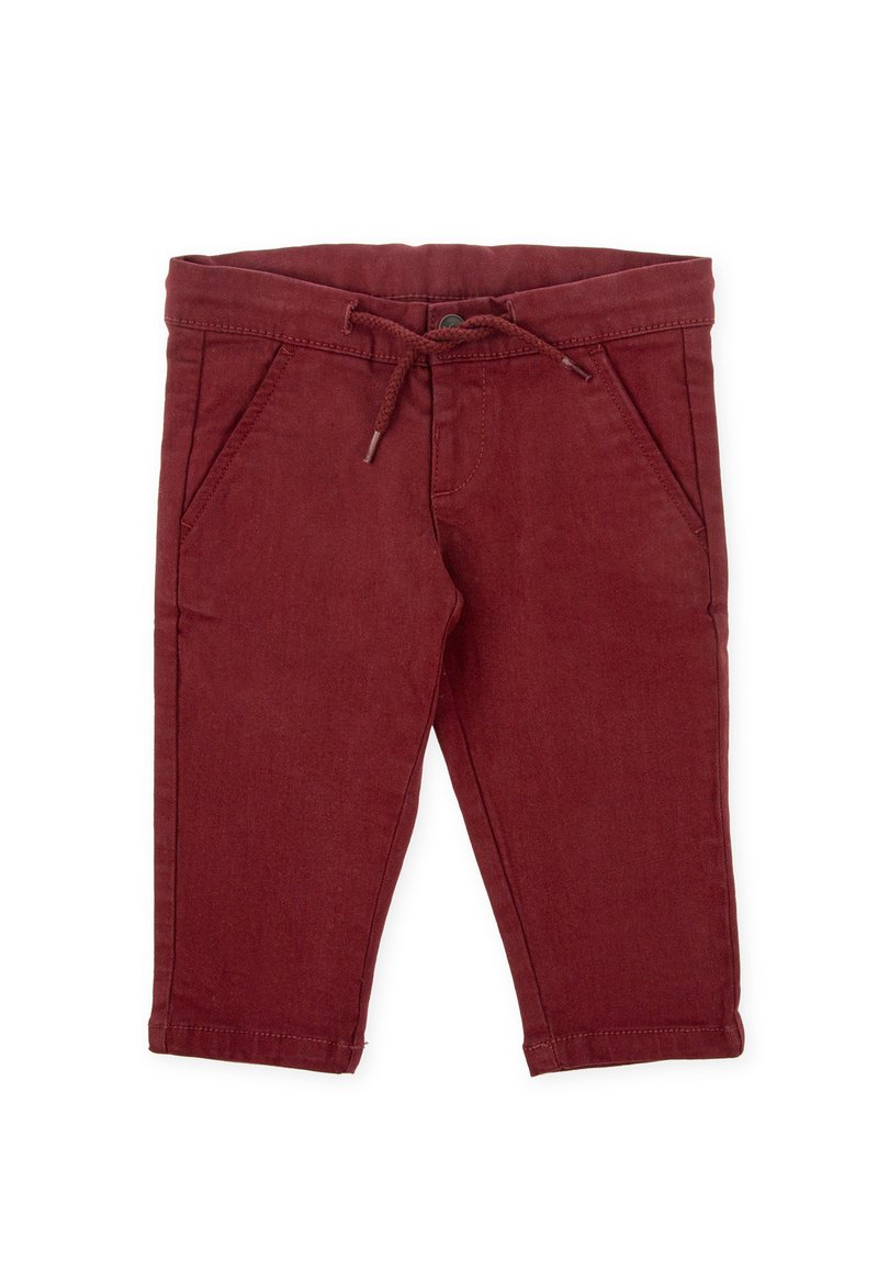 Pantalons courts en mélange de coton rouge avec une taille élastique et un cordon de serrage, comportant deux poches avant et une texture lisse.