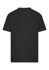 Zwarte katoenen t-shirt met korte mouwen, ronde hals en een gladde textuur. Het ontwerp is eenvoudig, met een effen kleur zonder patronen of accenten.