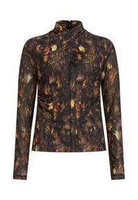 Haut ajusté à manches longues avec col montant, fermeture éclair diagonale et imprimé floral automnal foncé aux tons marron, orange et jaune.