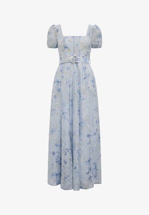 Lichtblauwe maxi-jurk met bloemenmotief, pofmouwen, een vierkante halslijn en een riem met een ronde zilveren gesp in de taille.