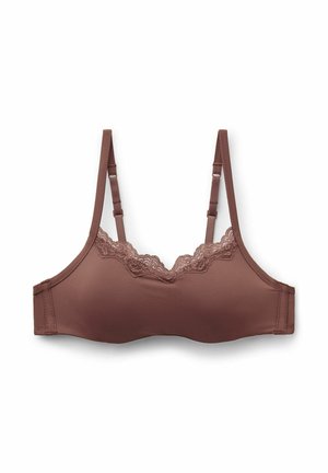 Brązowy, miękki biustonosz typu soft cup z regulowanymi ramiączkami i koronkowym wykończeniem w górnej części, zaprojektowany z myślą o komforcie i lekkim wsparciu.