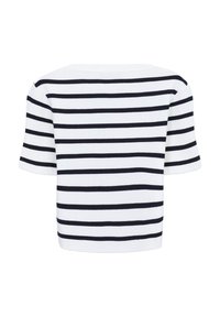 Maglione bianco a maniche corte con strisce orizzontali nere e ampia scollatura rotonda, mostrato da dietro.