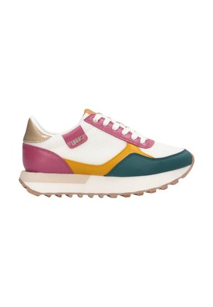 Sneaker in rete bianca con dettagli in pelle rosa, giallo senape, verde acqua e beige, lacci bianchi e suola in gomma con grip texturizzato.