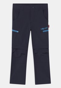 Pantaloni da escursionismo impermeabili navy con tasche con zip, lunghezza gamba regolabile e un piccolo dettaglio del logo. Tessuto morbido e resistente.