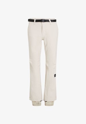 Beige Outdoor-Hosen mit einem verstellbaren schwarzen Gürtel, schmal zulaufenden Säumen und zwei Seitenfächern. Hergestellt aus leichtem, strapazierfähigem Material.
