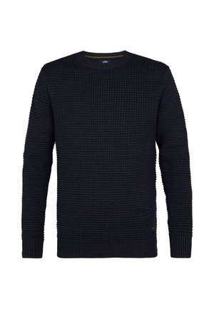 Marineblå strikket sweater med et struktureret Vaffelmønster, rund halsudskæring og ribbede manchetter. Har et lille logo som accent nær sømmen.