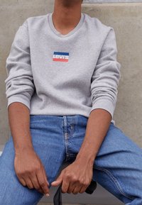 Szara bluza z okrągłym dekoltem i małym czerwono-niebieskim logo Levi's. Noszona z niebieskimi dżinsami, z widocznym szwem i klasycznym krojem.